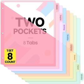 Sooez 8 Count Dividers with 2 Pockets, 8 Tabs Binder Dividers for 3 Ring Binders, Binder Dividers with tabs, Binder Divider with Pockets for US Letter Size, Insertable Big Tabs, Pastels, Set of 1