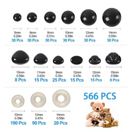 566 Handmade Doll Eye and Nose Accessory Set:Includes 300 Reinforcement Pads,180 Pairs of Safety Eyes,86 Noses for Teddy Bears,Plush Dolls and DIY Crochet Kits (Black)