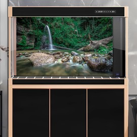 OHIOCATII Waterfall Aquarium Background Deep Forest Natural Landscape Terrarium Background Falls Green Jungle Plants Huge Rocks Fish Tank Background Rock Dead Wood Reptile Background Vinyl 24x12in