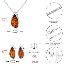 AMBEDORA Small Women's Jewellery Set Amber 846A, Polished Sterling Silver, Baltic Amber in Cognac Colour, Silver Pendant on Chain and Earrings