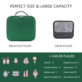 Travel Makeup Bag with LED Lighted Mirror,Cosmetics Organizer, with 3 Color Lighted Setting, with Adjustable Brightness Vanity Mirror and Detachable 10x Magnifying Mirror Travel Makeup-Dark green