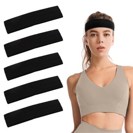 5 Pcs Black Headbands for Women, Elastic Sport Headbands Women, Soft & Comfortable Sweat Headband Hair Accessories for Sports Workout Yoga Fashion Makeup Women Man