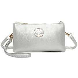 She & Bags Women Golden Badge Detail Multi Function Doubel Compartments Small Wristlet Purse Clutch Crossbody Messenger Handbag-Silver