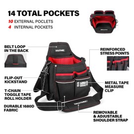 HAUTMEC Electrician Tool Pouch with Kickstand, 14 Pockets, Adjustable Shoulder Strap, Belt Loop, Tape Clip & T-Chain Holder, Heavy-Duty Water-Resistant Tool Bag for Jobsite & DIY, HT0399
