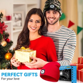 Gifts for Him, Beanie Hats with Light, USB Rechargeable LED Hand Free Headlamp, Fathers Day Dad Gifts, Birthday Gadgets for Men, Women, and Teens, Ideal for Camping, Hiking, Red