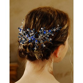 Teyglen Flower Wedding Hair Comb Bridal Blue Rhinestone Hair Comb Headband Wedding Hair Accessories Flower Headpiece Bridal Crystal Hair Piece for Women Girls