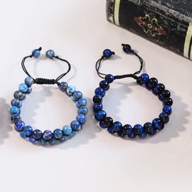 Nupuyai Blue Tiger's Eye Chakra Healing Crystal Bracelet for Women Men, Double Layer Adjustable Braided Beads Stone Bracelet for Reiki Yoga Meditation