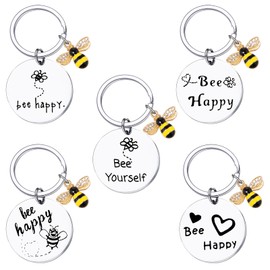Sixfolo Pack of 5 Bee Pendant Key Cute Bee Key Ring Key Pendant Women's Small Stainless Steel Bee Decoration Pendant for Purses Handbag Backpack, silver