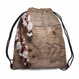 Sotunad Drawstring Bag Sports Backpack Spring Blossom Tree Flower Branch Wooden Background Sutiable for Dance Sports Beach Short Travel Stroage 14x16.9 Inch