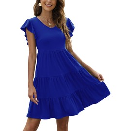 Lyrur Womens Summer Dresses Flutter Sleeve Ruffle Babydoll Casual Flowy Short Boho Tiered Beach Sundresses(L,9173-Royal)