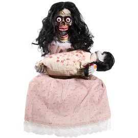 Animatronics de Halloween Espeluznante esqueleto sentado y muñeca decoraciones animadas con sonido y sensor activado, sonido, ojos iluminados, movimiento aterrador, decoración de día festivo de casa