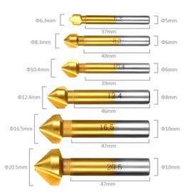 Qibaok 6 pcs HSS Countersink Drill Bit Set 90 Degree 3 Flute Countersink Bits Titanium Chamfer Cutter Mill Drill Bits