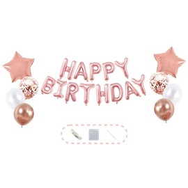 Rose Gold Happy Birthday Banner Letter Foil Balloons | 24-Pc Party Decoration Set: 16" Foil Balloons, 18” Foil Stars, Assorted 12" Latex Balloons and Accessories | PARTY TIME!