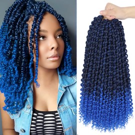 14 Inch Ombre Blue Passion Twist Hair, Water Wave Crochet Hair For Women Passion Twist Crochet Hair 22 Strands/Pack Bohemian Synthetic Curly Braiding Hair Extensions (14 Inch (Pack of 7),1B/Blue)
