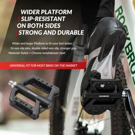 ROCKBROS Bike Pedals 9/16 Inch Non-Slip Cycling Pedals 4 Sealed Bearings Bicycle Pedals with Wide Platform Nylon Flat Pedals for Road Mountain Racing Bike MTB