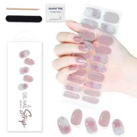 WOKOTO 1 Sheet Semi Cured Gel Nail Strips With Wood Stick, Nail File & Prepared Pads, 20 Tips Shimmery Pink Marble Gradient Semi Cured Nail Polish Strips, Harden With UV Light Gel Nail Stickers Wraps