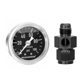 MEASUREMAN 0-100Psi Stainless Steel Glycerin Filled Fuel Pressure Gauge, 1-1/2" Black Dial, with 6AN Fuel Pressure Take Off Fitting Adapter Aluminum, 1/8" NPT Center Back Mount