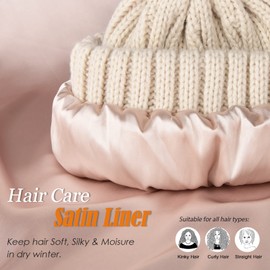 FURTALK Beanie Hats Women Satin Lined Knitted Hat Detachable Pompom Soft Feel Winter Hat Breathable for Girls Cream