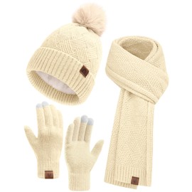 heekpek Hat Scarf and Gloves Set for Women Ladies Gift Sets in Box Beanie Hats with Pom Pom Warm Thermal Fleece Lined, Touch Screen Gloves Long Scarf 3 PCS Winter Set, Apricot