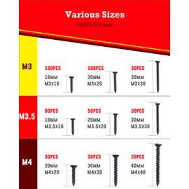 YOOPIN Screws Set 450 Pieces, M3 M3.5 M5 Wood Screws Set, Carbon Steel Black Screws, Countersunk Head Self Tapping Screws, Drywall Screws, Plasterboard Screws for Repair