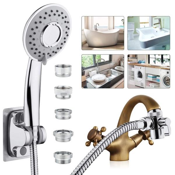 Sink Hose Shower Sprayer Attachment - Faucet Extension w/ 5 Adapters For Bathroom Bathtub, Kitchen Faucet, Utility Laundry Tub, Garden Hose Thread Spout For Delta, Moen, Kohler, American Standard