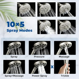 Watersong Shower Heads with Handheld Spray Combo 6-Setting Showerhead with Handheld and 5-Setting Rainfall Spray, High Pressure Sprayer with 70” Stainless Long Hose, Brushed Nickel