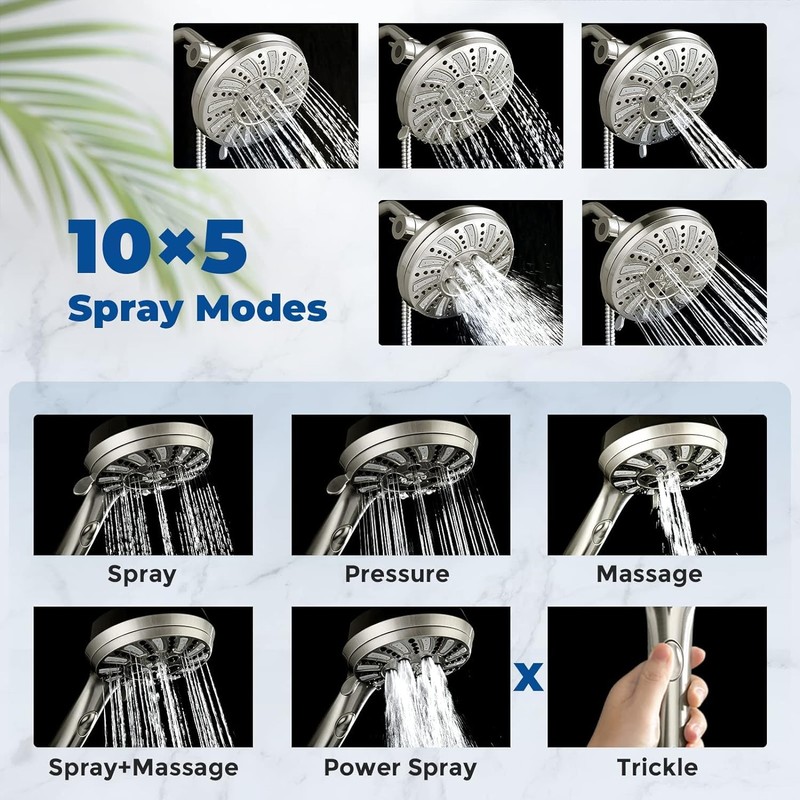 Watersong Shower Heads with Handheld Spray Combo 6-Setting Showerhead with