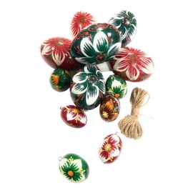 Ukrainisches Kunsthandwerk® 12 Wooden Easter Eggs Hand-Painted Including Hanger Handmade from Ukraine (Green with White Flowers)