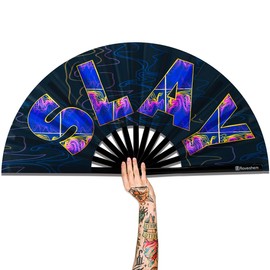 Raveahem UV Glow Rave Fan, Bamboo Folding Clack Hand Fan for Men Women (Slay, Large 13")