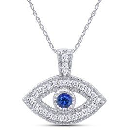 Round Cut Simulated Blue Sapphire & White Cubic Zirconia Evil Eye Pendant Necklace Jewelry For Women In 14k White Gold Over Sterling Silver Along With 18" Silver Chain