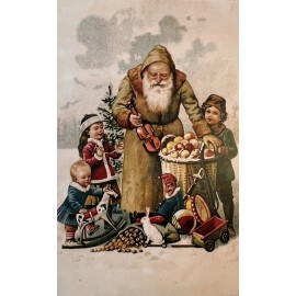 Vintage Inspired Christmas Postcard Santa Children Toys Apples Nuts #4159 -Tonya