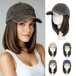 Hat Wigs for Women,Dark Gray Baseball Cap with Hair Extensions for Women/Men,Short Bob Hairstyle Caps with Hair Attached Adjustable Baseball Cap Wig 6 Inch Highlighted Dark Brown Hair