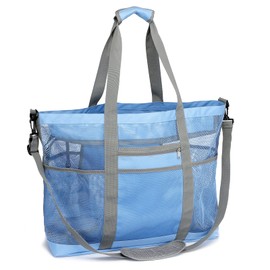 F-color Mesh Beach Bag, 9 Pockets Oversized Beach Tote Bag with Zipper Pool Beach Bag, Blue