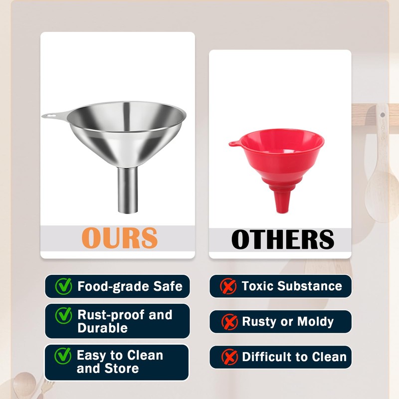 Jotia 4Pcs Stainless Steel Kitchen Funnel Set with Brush, 3