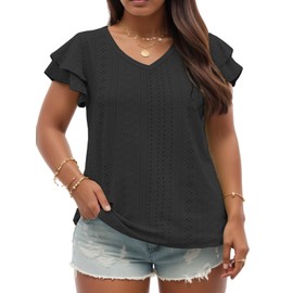 Plus Size Dressy Tops for Women Trendy Hollow Out Elegant Ruffle Sleeve Casual V Neck Black Shirts 4X