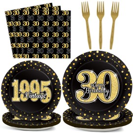 ZOIIWA 200PCS 30th Theme Birthday Party Tableware Vintage 1995 Party Supplies 30 Year Old Birthday Decorations Plates Napkins Forks Black and Gold Dinnerware Favors for Men or Women