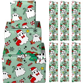 FYSUIMU 6 Sheets Christmas Wrapping Paper - Not Roll - Green Xmas Tree Candy Ghost Gift Wrap Paper Folded Flat for Xmas Winter Holiday DIY Crafts, 19.7 x 27.6 Inch
