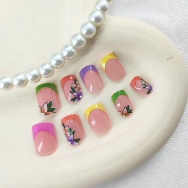 French Tip Press on Nails Short Square Fake Nails with Flower Desgins Nude Nails Press ons Glossy Glue on Nails Colorful Acrylic Nails Spring False Nails Cute Stick on Nails for Women 24Pcs
