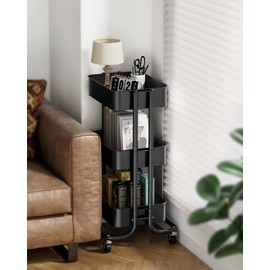 Pipishell 3 Tier Metal Rolling Utility Cart, Heavy-Duty Storage Rolling Cart with 2 Lockable Wheels, Multifunctional Mesh Organization Utility Cart for Kitchen Dining Room Living Room (Black)