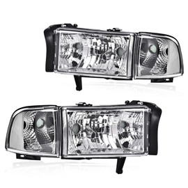 ANDPLAY Front Headlights Assembly Left & Right Compatible with Dodge Ram 1500 1994-2001Fit Dodge Ram 2500 3500 1994-2002 Bumper Headlamp Clear lens Chrome Housing Clear Reflector 55076749AO