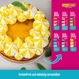 Decocino Set of 6 Colouring Paste Set - 6 x 20g - Food Colouring in Red, Pink, Green, Yellow, Blue and Black, Ideal for Colouring Cakes, Fondant and Creams - AZO Free and Gluten Free