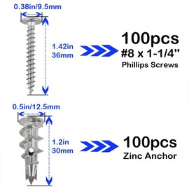 Ansoon Zinc Self Drilling Drywall Hollow-Wall Anchors with Screws Kit, 100 Heavy Duty Metal Wall Anchors and 100#8 x 1-1/4'' Screws - 200 Pieces All Together