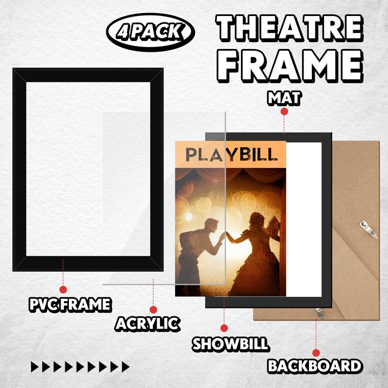 DoubleFill 4 Pcs Theatre Bill Frame with Mat Holds 5.5