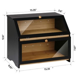 Davachuza Large Double Layer Bread Box for Kitchen Counter – Bamboo Bread Storage Bin with Window & LED Light (Black)