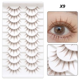 10 Pairs Brown False Eyelashes Clear Band Cartoon False Eyelashes Japanese Anime Cosplay Brown Eyelashes Asian False Eyelashes Natural Look Like Individual Cluster (X9)