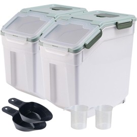 Mairuker 2 Pack Large Flour Storage Container 50 lb Airtight Rice Storage Container with Lid, Wheels, Measuring Cup, Scoop, Plastic Flour Sugar Bin Organizer for Grain Cereal, Rice Dispenser (Green)