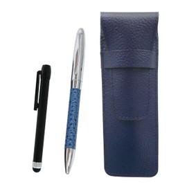 SASL-ALB-PD03-L Grain Leather Pen Case Blue Metal Touch Stick Black and Genuine Leather Winding Rotating Ballpoint Pen Director Set Blue