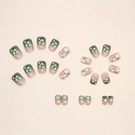 Press On Nails with Nail Glue, 3D Peach Flower Summer Cute Designed in Glue on Nails, Fake Nails, Short Square Almond Ballet Shape for Stick On Nails on 24PCS,Nude Green Flower