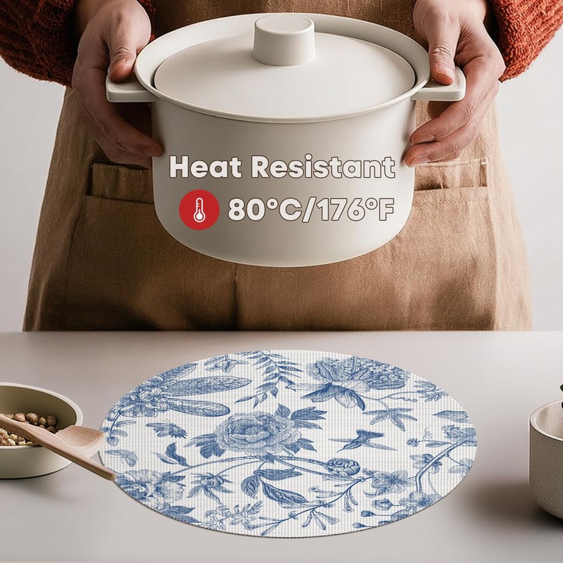Artoid Mode Blue Floral Vinyl Round Spring Placemats Set of