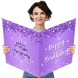 Zirtorei Jumbo Birthday Card with Envelope, Giant Guest Book Happy Birthday Greeting Cards for Girls Women, Large Birthday Card Gifts Party Supplies, Purple Silver Extra Big Bday Card Decor